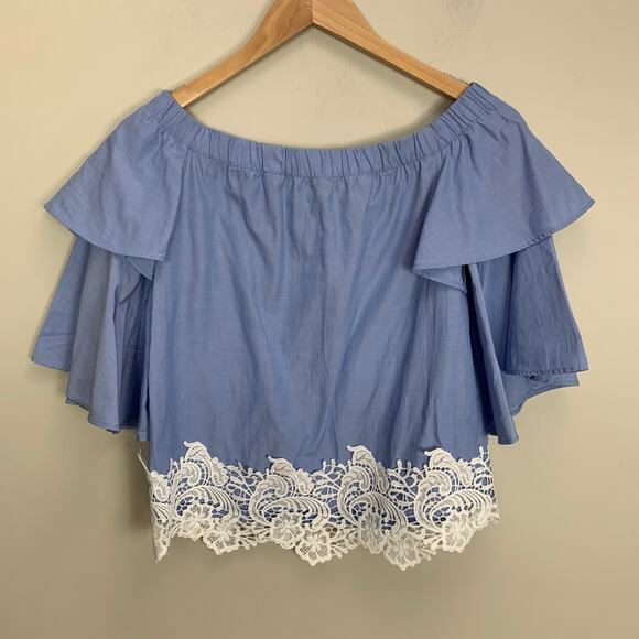 Zara Blue Poplin Tiered Bell Sleeve Crochet Lace Off Shoulder Blouse Top XS - Picture 4 of 10